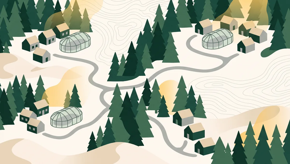 Illustration: Drei kleine Ferienparks mit Häusern und je einem Schwimmbad unter Glasdach, verbunden durch Wege durch Wald und Dünen. Symbolbild, keine echten Parks.