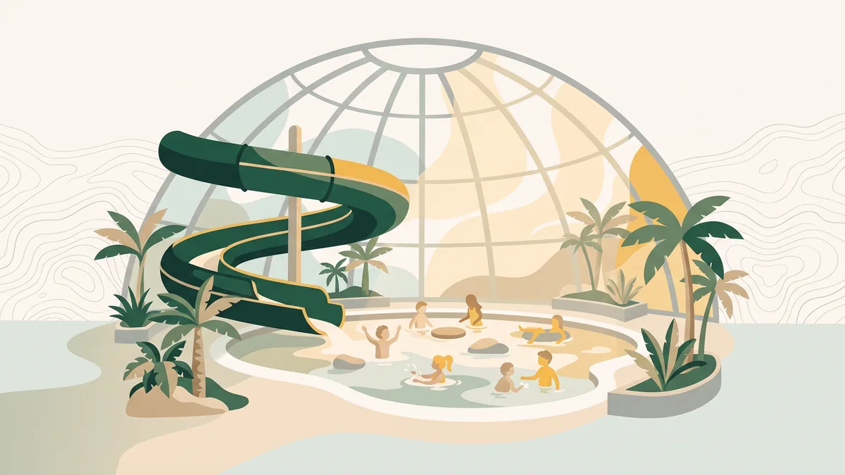 Illustration: Ein überdachtes Schwimmbad unter einer Glaskuppel mit Rutsche, Palmen und spielenden Kindern im flachen Becken. Symbolbild, kein echtes Bad.