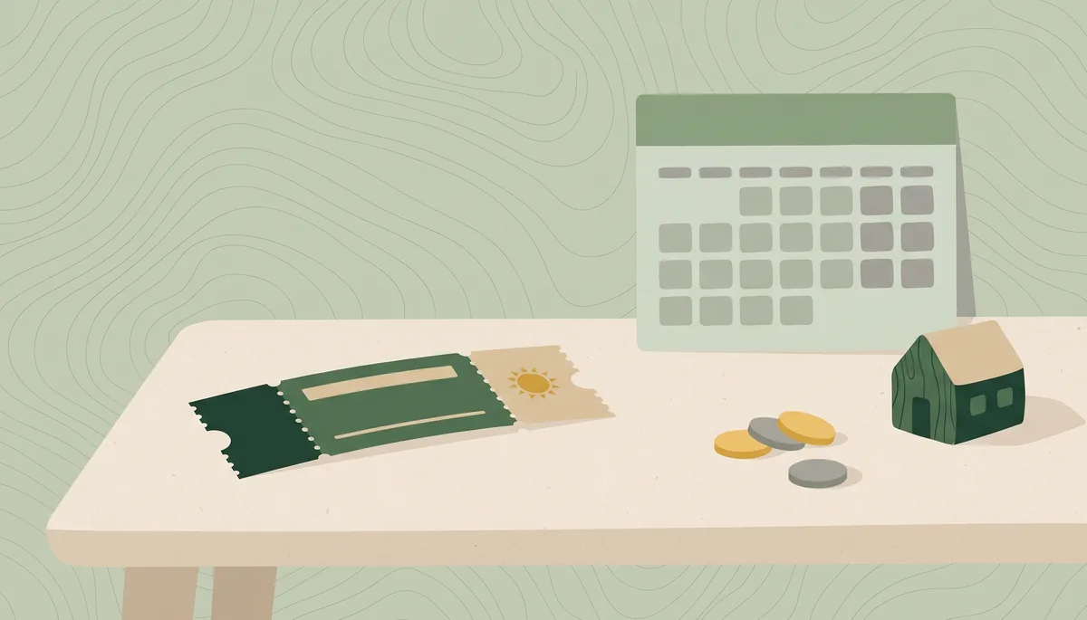 Illustration: Auf einem Tisch liegen ein Urlaubsticket mit Abrissrand, einige Münzen und ein kleines Holzhaus, dahinter steht ein Kalender.