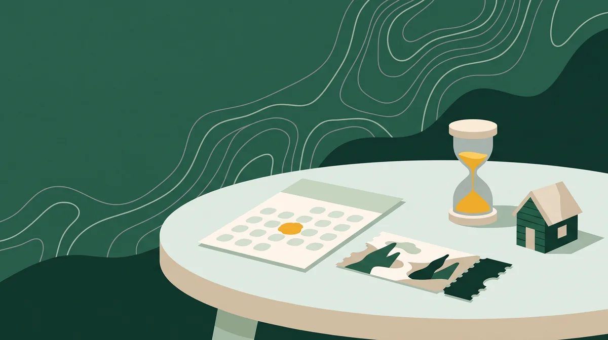 Illustration: Auf einem runden Tisch liegen ein Kalenderblatt mit einem gelb markierten Tag in der Wochenmitte und ein Reiseticket, daneben stehen eine Sanduhr und ein kleines Holzhaus.