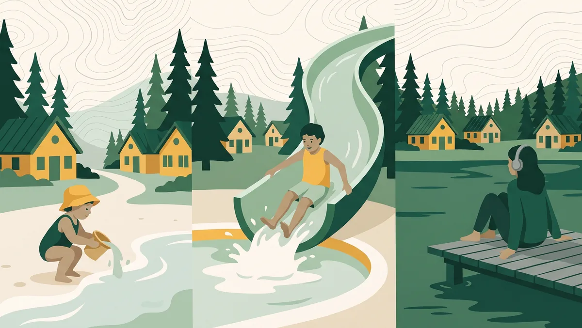 Illustration in drei Teilen: Ein Kleinkind spielt mit einem Eimer am flachen Wasser, ein Schulkind rutscht eine Wasserrutsche hinunter, ein Teenager sitzt mit Kopfhörern auf einem Steg.