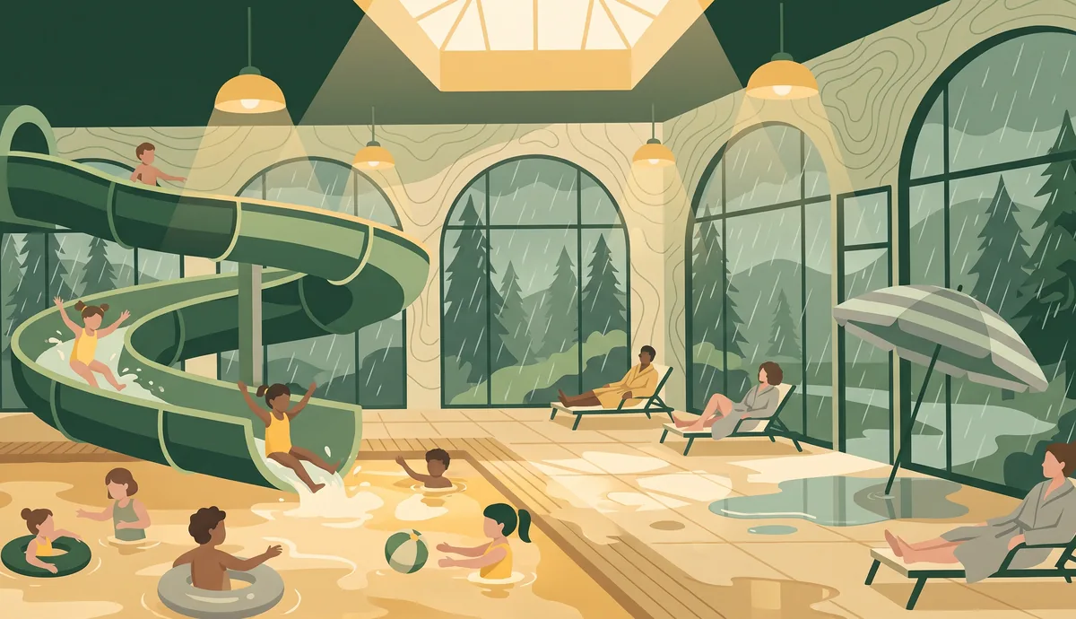 Illustration: Ein Hallenbad mit Rutsche und spielenden Kindern, draußen vor den großen Fenstern regnet es auf Tannen.