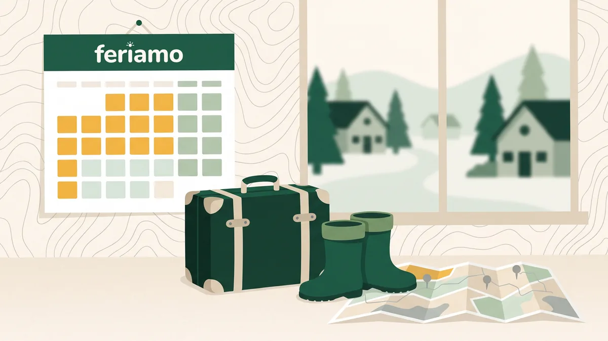 Illustration: Ein Wandkalender mit dem Feriamo-Logo und farbig markierten Ferienwochen, davor ein Koffer, Kindergummistiefel und eine Landkarte, im Fenster Ferienhäuser zwischen Tannen.