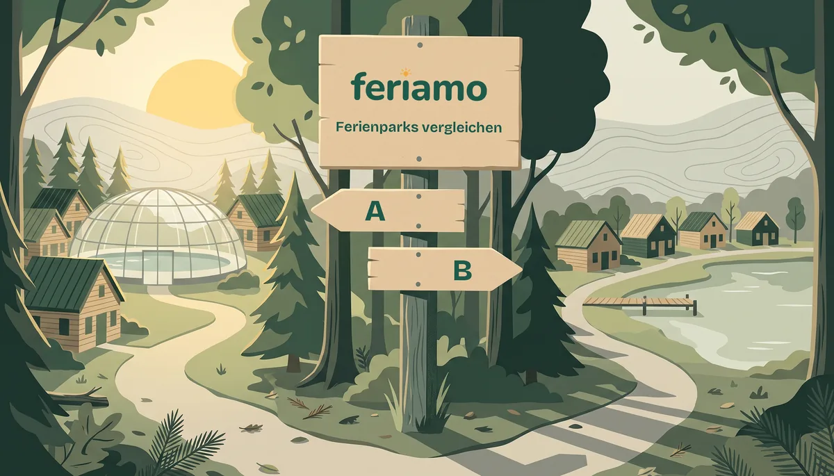 Illustration mit Feriamo-Logo: Zwei Ferienparks nebeneinander, links Häuser um ein Hallenbad unter einer Glaskuppel, rechts Häuser an einem See mit Steg, darunter eine Waage.