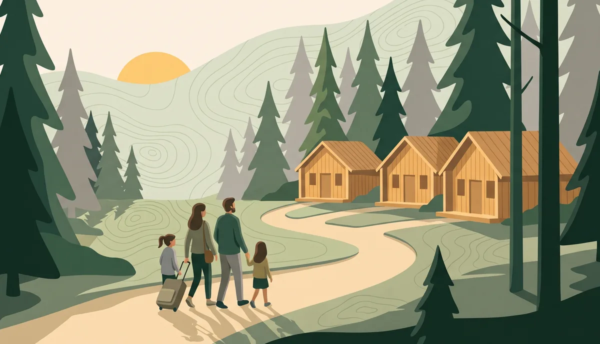 Illustration: Eine Familie mit zwei Kindern und Rollkoffer läuft auf einem Waldweg zu kleinen Holzhäusern zwischen Tannen, die Sonne steht tief.
