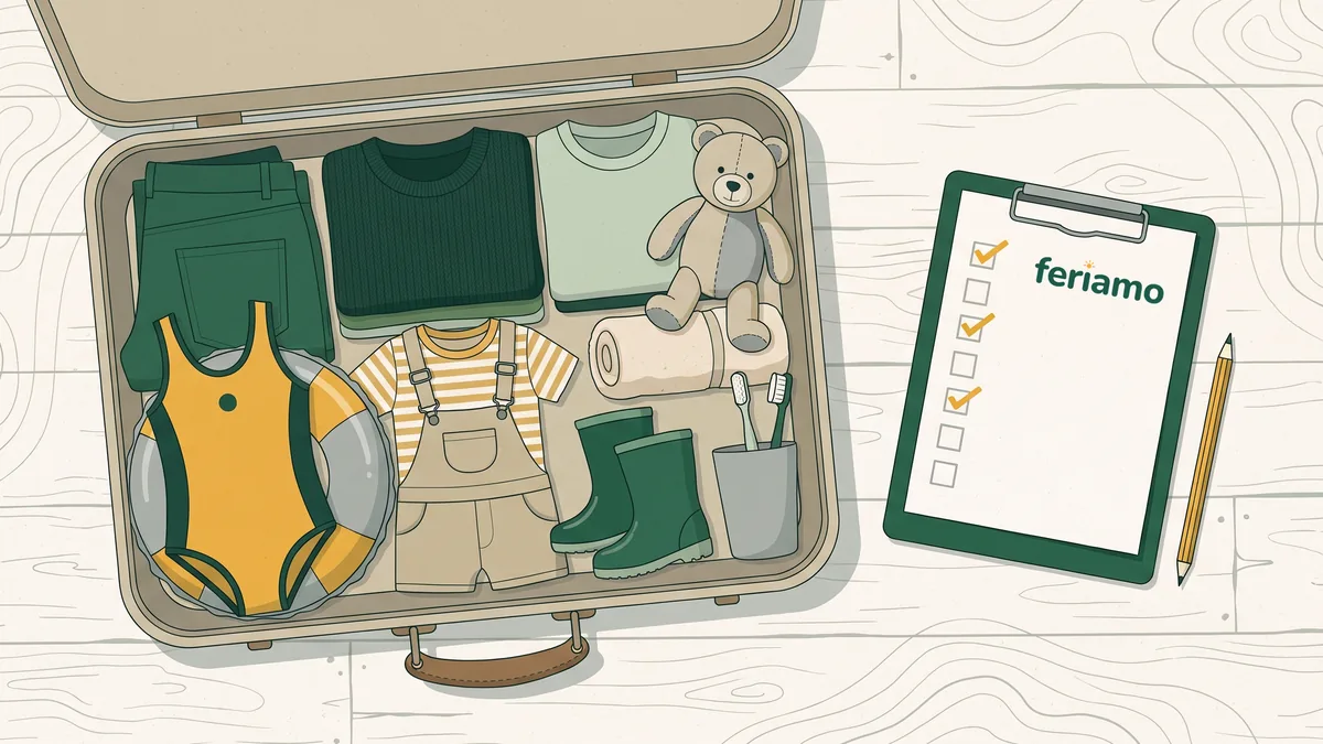 Illustration: Ein geöffneter Koffer mit Kinderkleidung, Badeanzug, Schwimmring, Gummistiefeln und Teddybär, daneben ein Klemmbrett mit dem Feriamo-Logo und einer Checkliste, auf der drei Punkte abgehakt sind.