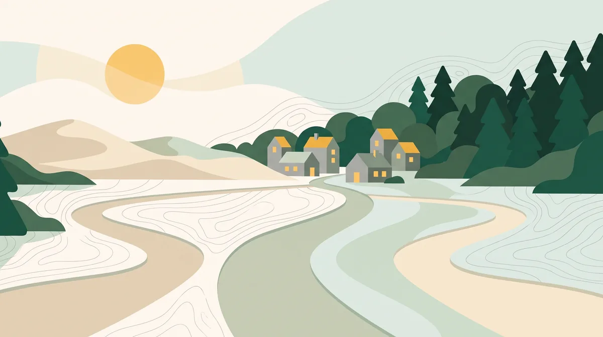 Illustration: Zwei Wege aus verschiedenen Richtungen laufen zu einem zusammen und führen zu einer Gruppe Ferienhäuser zwischen Dünen und Wald.