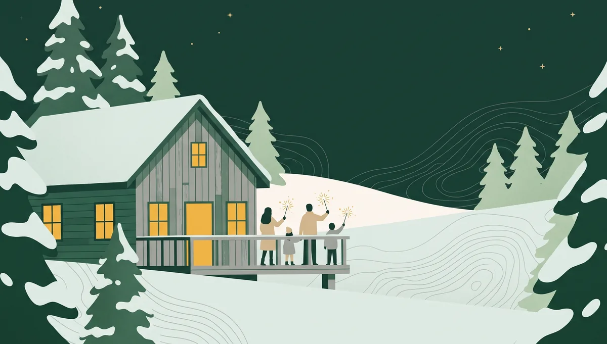 Illustration: Eine Familie steht mit Wunderkerzen auf der Veranda eines verschneiten Holzhauses zwischen Tannen, Silvesterabend, kein Feuerwerk.