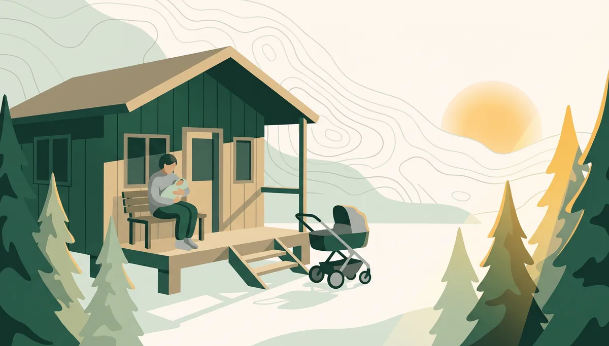 Illustration: Ein Elternteil sitzt mit einem Baby auf der Veranda eines Ferienhauses, daneben steht ein Kinderwagen, im Hintergrund Tannen und Morgensonne.