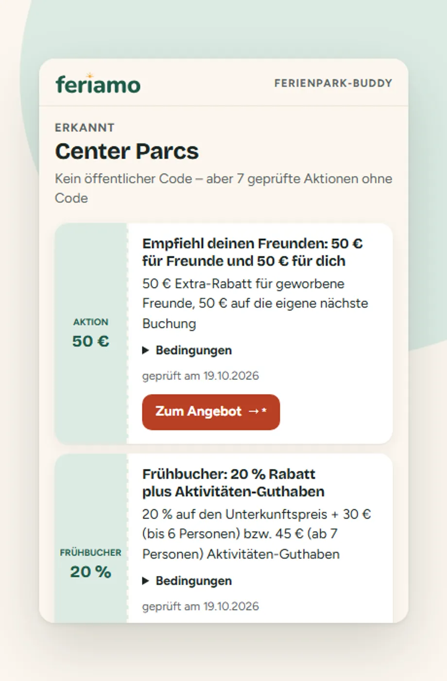 Die Feriamo-Erweiterung erkennt die Website von Center Parcs und zeigt die geprüften Aktionen, etwa 20 % Frühbucher-Rabatt.