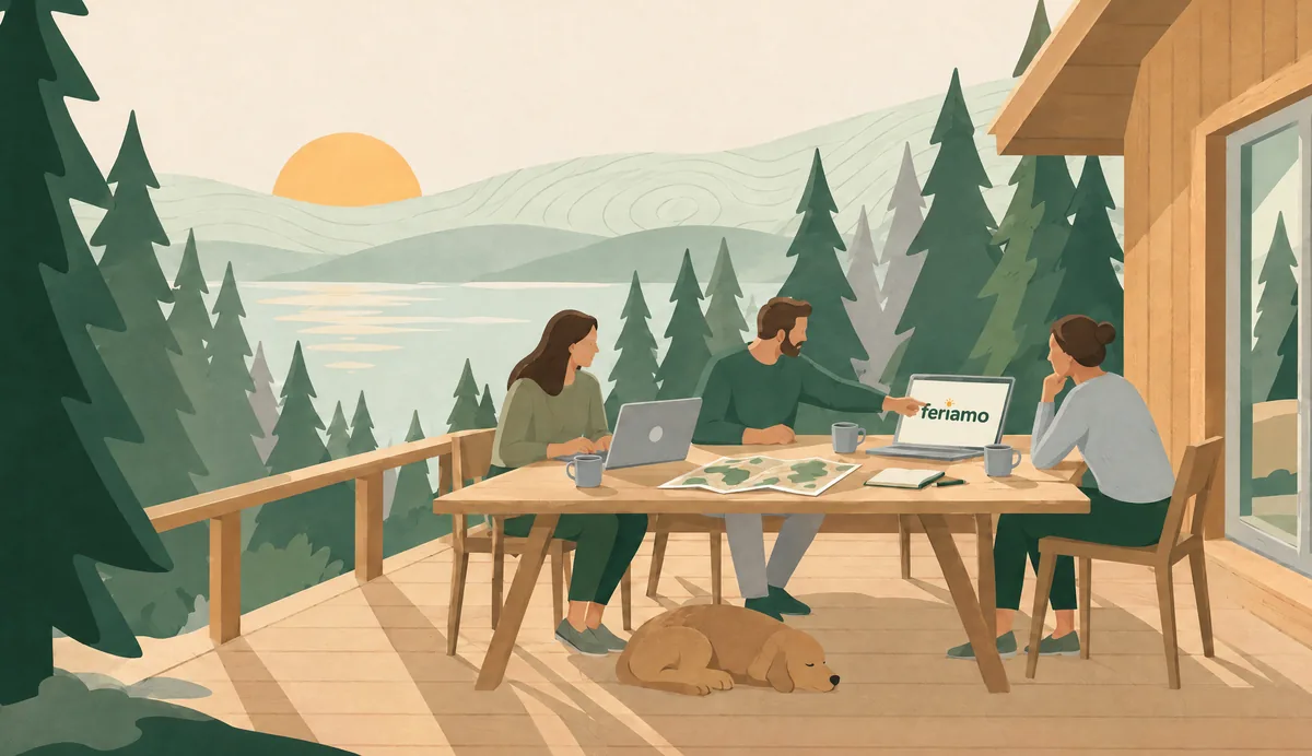 Illustration: Drei Menschen arbeiten mit Laptops, Landkarte und Kaffee an einem Holztisch auf der Terrasse eines Ferienhauses, unter dem Tisch schläft ein Hund, im Hintergrund Wald und See.