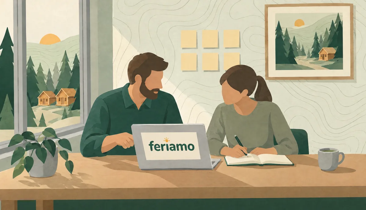 Illustration: Ein Mentor erklärt einer Praktikantin etwas am Laptop, sie schreibt mit, an der Wand hängen Haftnotizen und ein Waldbild.