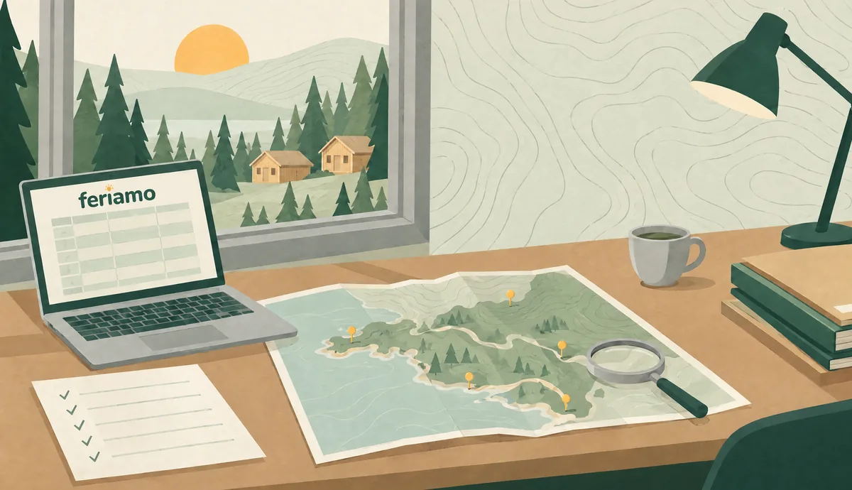 Illustration: Ein aufgeräumter Schreibtisch mit Laptop, Landkarte mit Markierungen, Lupe, Checkliste, Ordnern und Tee, durch das Fenster Wald und Ferienhäuser.