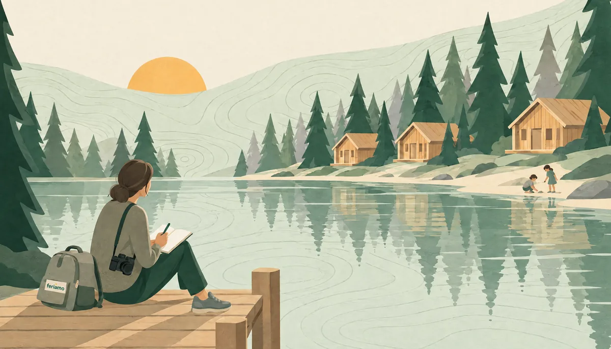 Illustration: Eine Reisejournalistin sitzt mit Notizbuch und Kamera auf einem Steg am See, gegenüber stehen Ferienhäuser zwischen Kiefern, am Ufer spielen zwei Kinder.