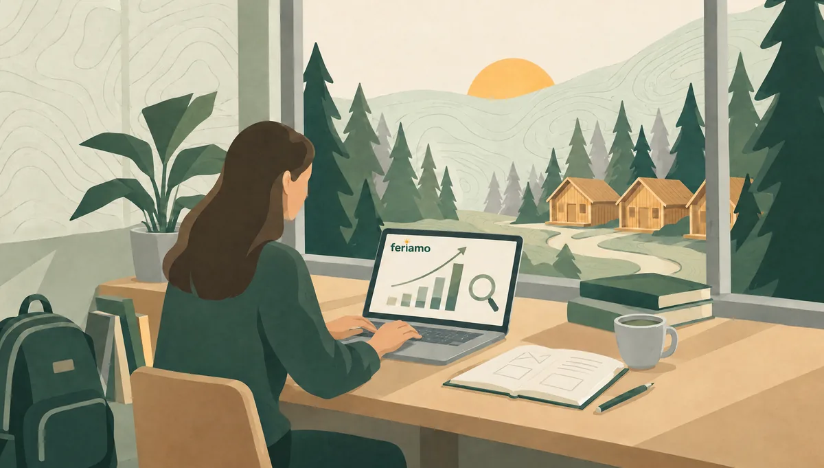 Illustration: Eine Studentin arbeitet am Laptop mit einem steigenden Balkendiagramm, daneben Notizbuch, Bücher und Rucksack, durch das Fenster sind Ferienhäuser im Wald zu sehen.