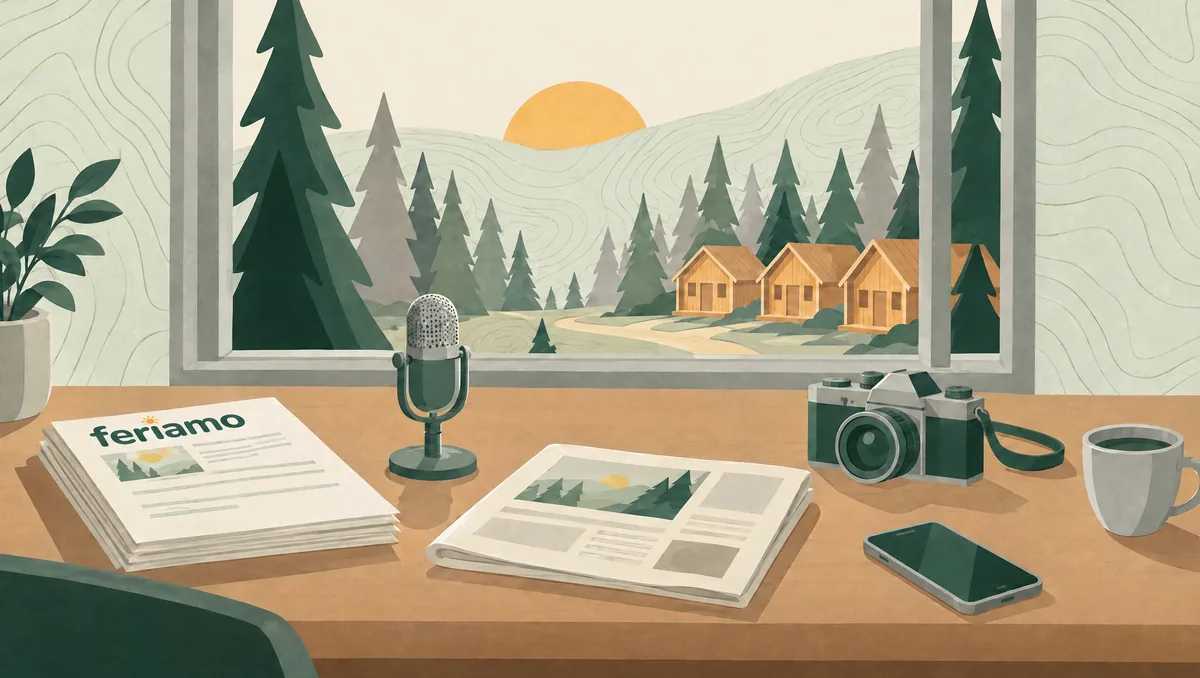 Illustration: Ein Schreibtisch mit Pressemappe, Zeitung, Mikrofon, Kamera, Handy und Kaffee, durch das Fenster sind Ferienhäuser im Wald zu sehen.