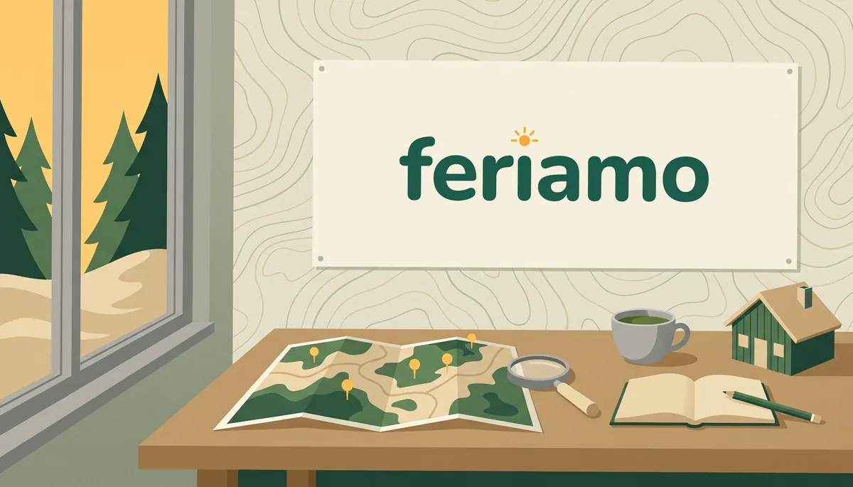 Illustration: Ein Schreibtisch mit aufgeschlagener Landkarte, Lupe, Notizbuch, einer Tasse Tee und einem kleinen Holzhäuschen, an der Wand ein Schild mit dem Feriamo-Logo, durch das Fenster sind Wald und Dünen zu sehen.